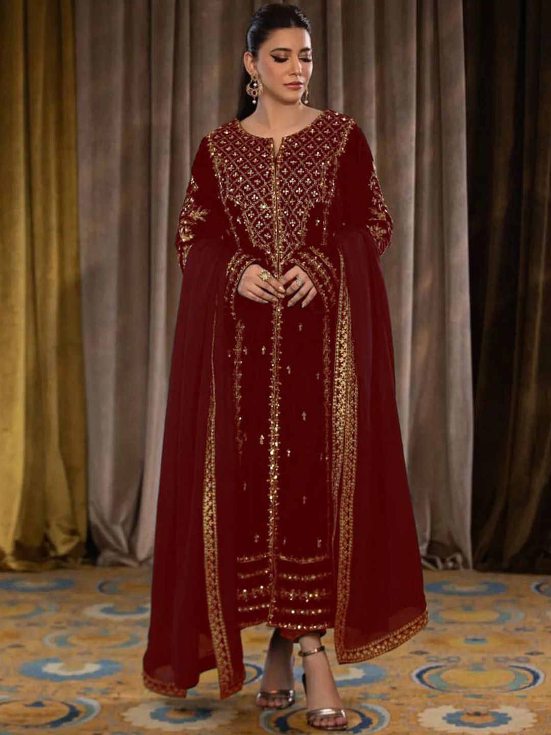 WAZIX Clothing Embroidered Regular Velvet Kurta with Trousers & With Dupatta