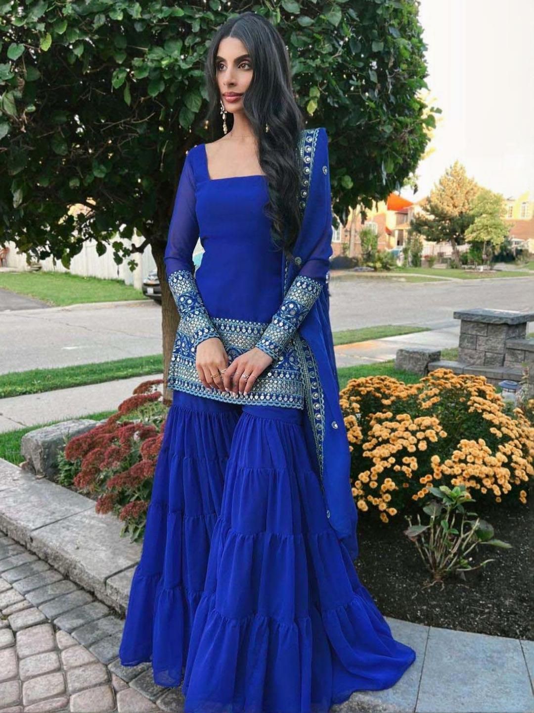 KALINI Women Blue Embroidered Regular Kurta Set With Trousers & Dupatta