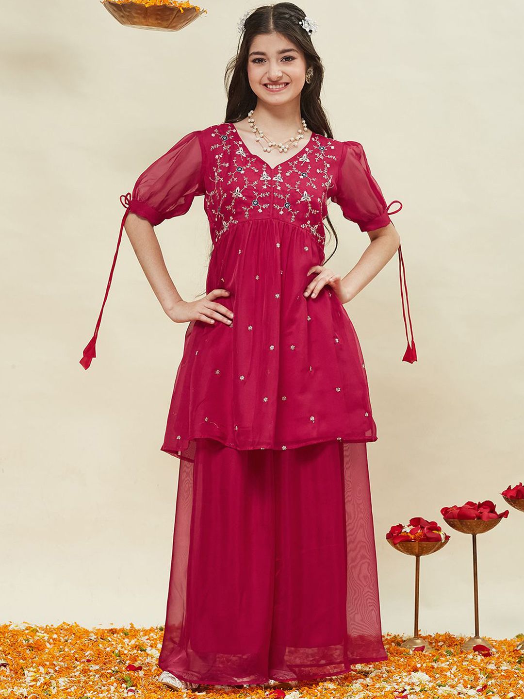 CurlyTales Girls Floral Embroidered Anarkali Kurti with Sharara-picture-57