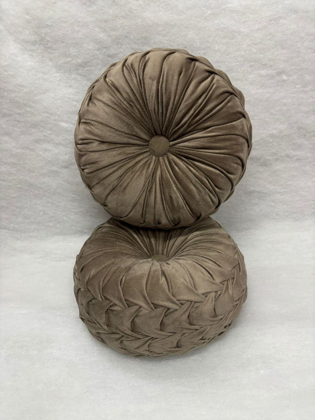 Myntra Elegant Homes 2Pcs Beige Textured Velvet Pumpking Round Shaped Pre-Filled Cushions-image-13