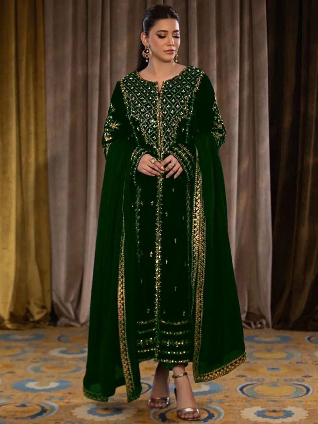 WAZIX Clothing Ethnic Motifs Embroidered  Velvet Kurta With Trousers & Dupatta