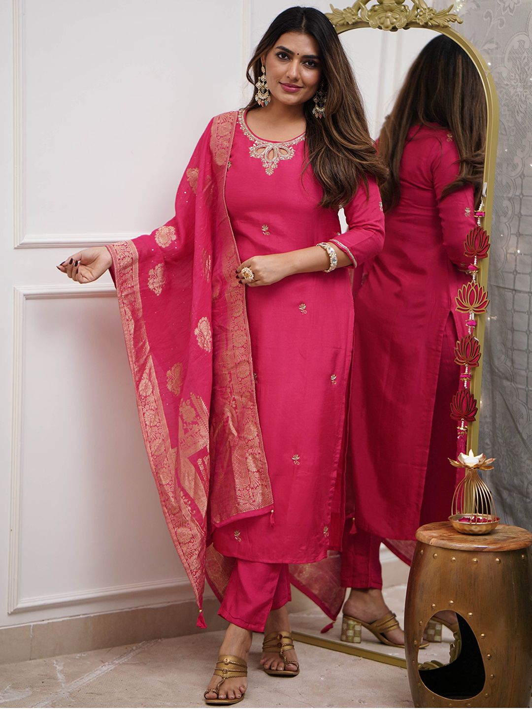 Brand Hill Women Ethnic Motifs Embroidered Thread Work Kurta with Trouser & Dupatta