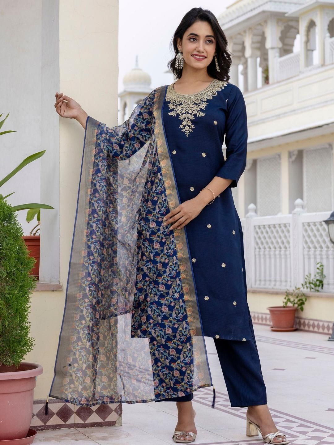 KALINI Women Blue Embroidered Chanderi Silk Kurta Set With Trousers & Dupatta
