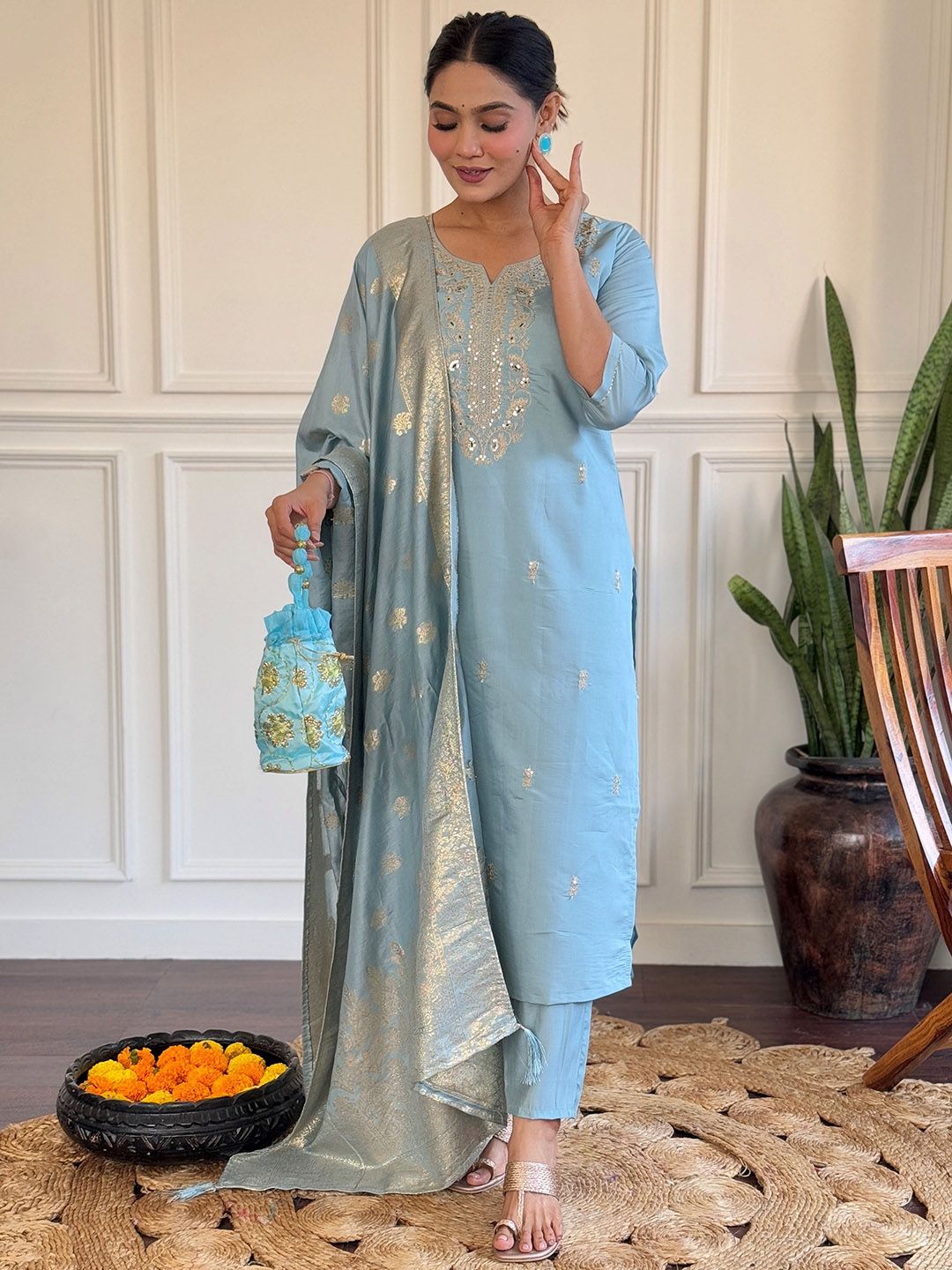 Brand Hill Women Ethnic Motifs Embroidered Sequinned Kurta With Trousers & Dupatta
