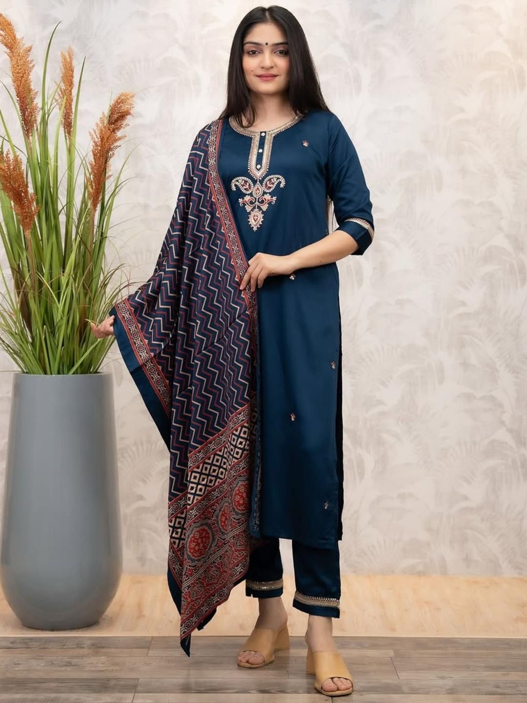 KALINI Women Embroidered Chanderi Silk Kurta with Trousers & Dupatta