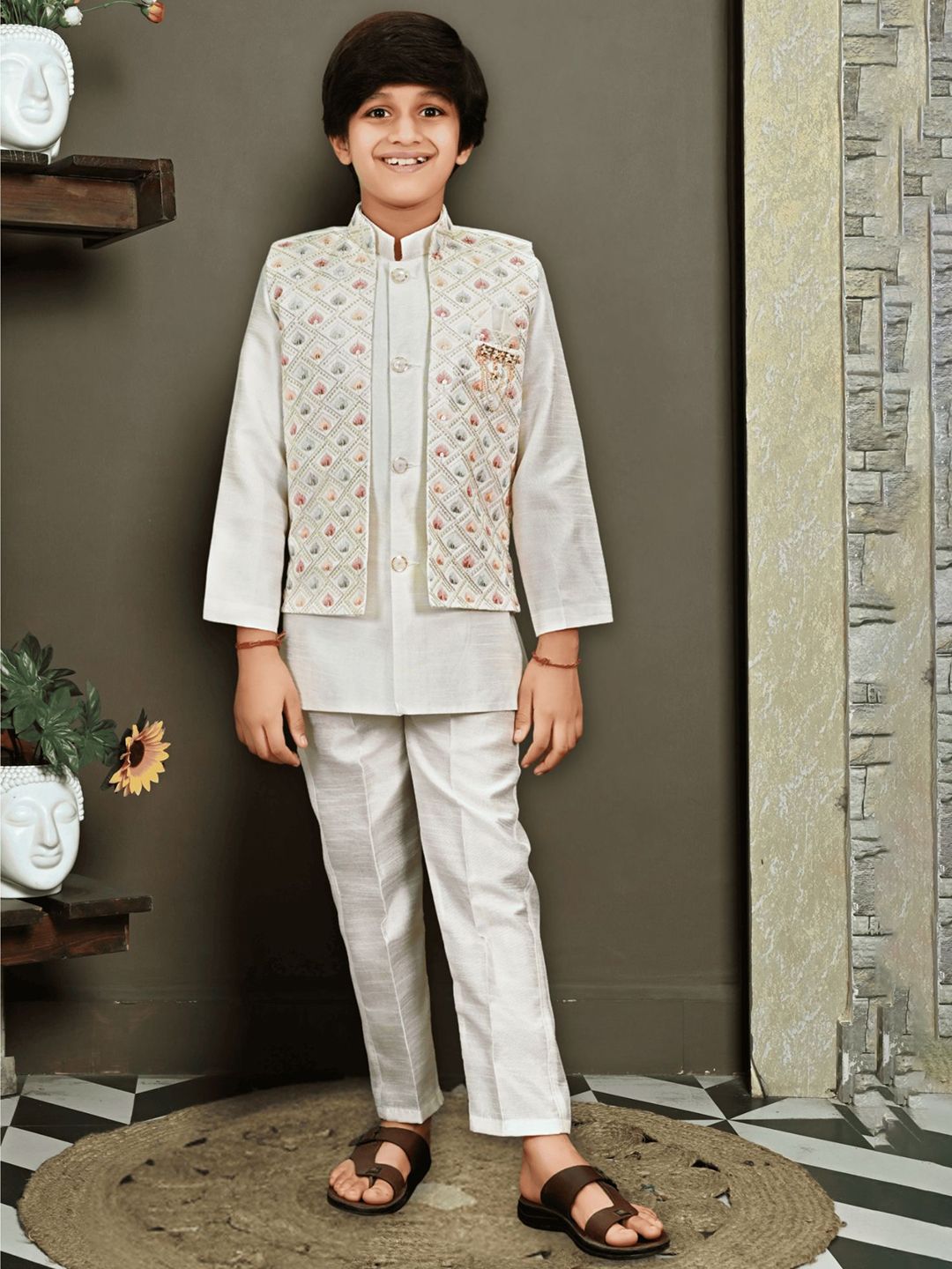 BT DEZINES Boys Geometric Sequined Leaf Motif Embroidered Sherwani Set-picture-53