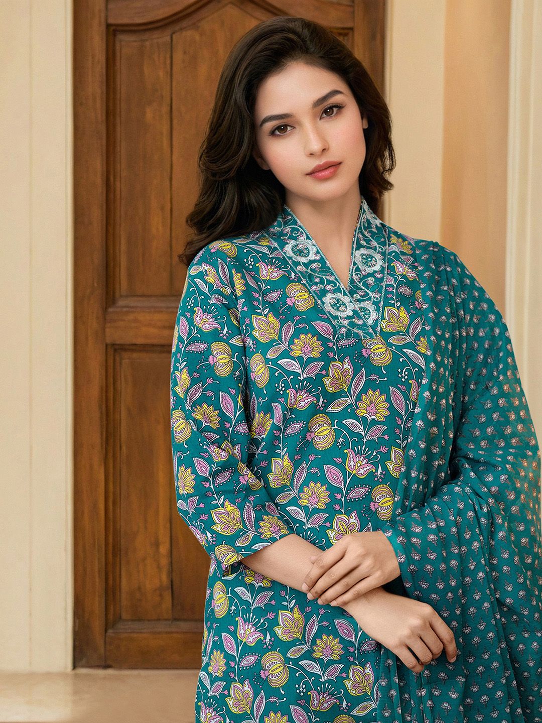 SKYLEE Women Floral Printed V Neck Regular Kurta with Palazzos & With Dupatta