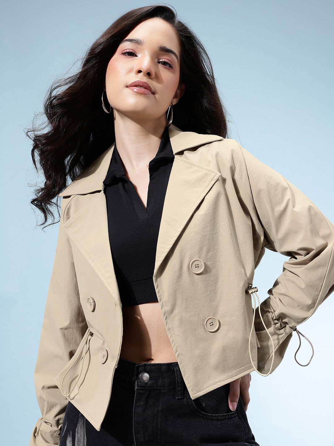 glitchez Waist Drawstring Double-Breasted Crop Coat-image-7