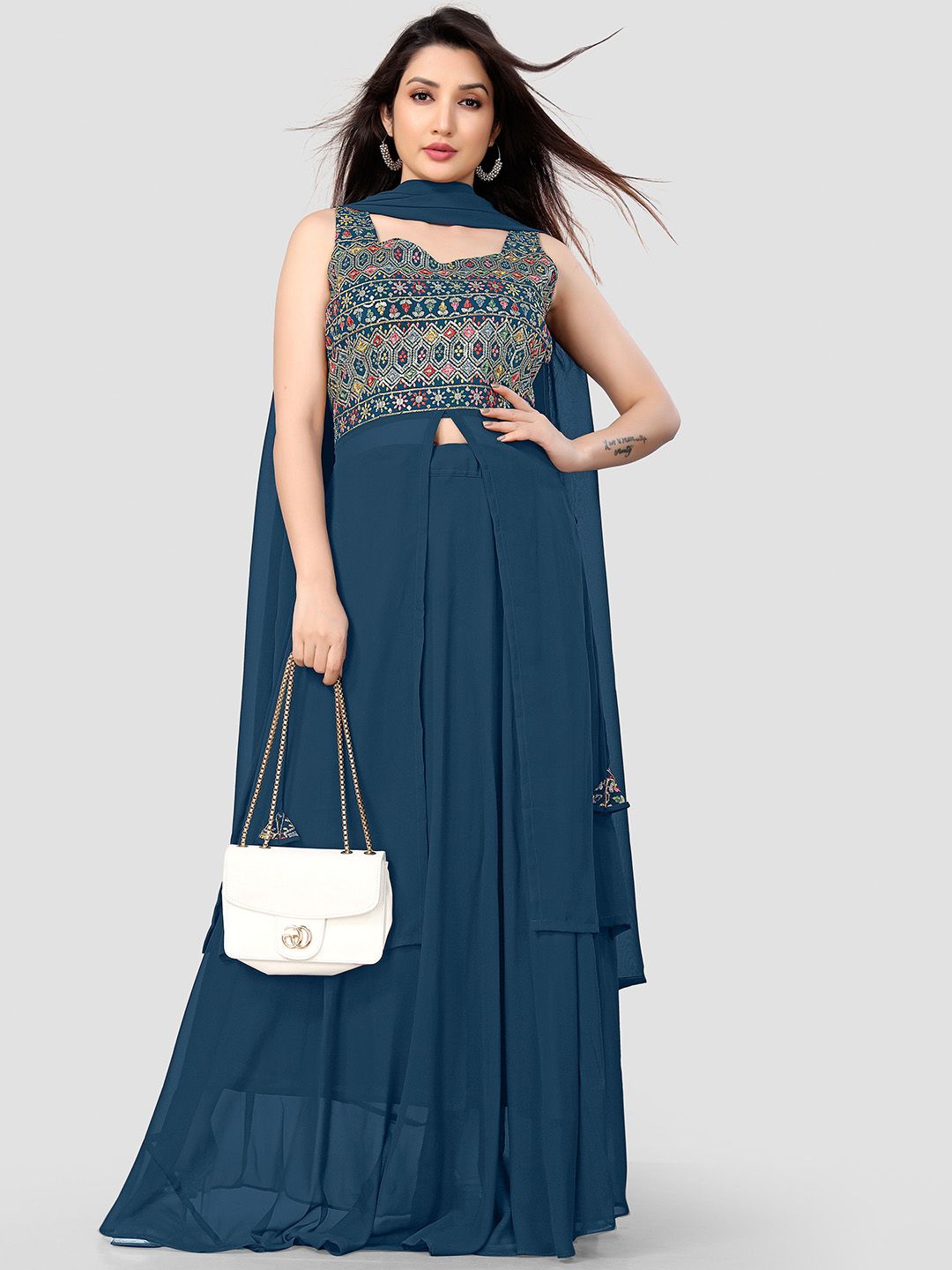 Pantos Women Ethnic Motifs Embroidered Regular Sequinned Top with Skirt & Dupatta