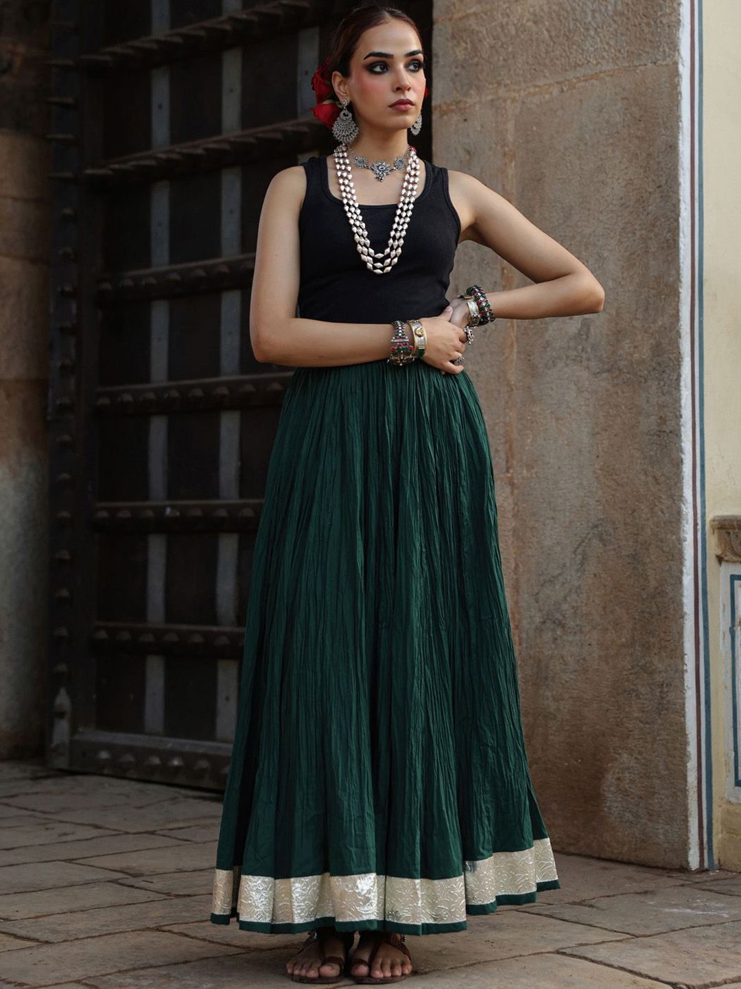 anayna Cotton Flared Maxi Skirt-image-32