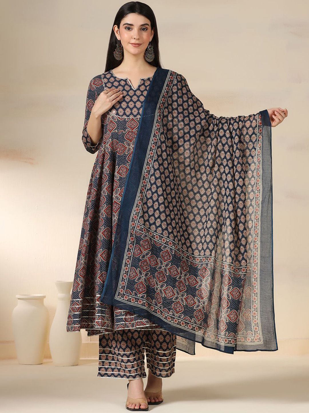 Mizaz Women Ethnic Motifs Printed Anarkali Pure Cotton Kurta With Trousers & Dupatta-picture-17