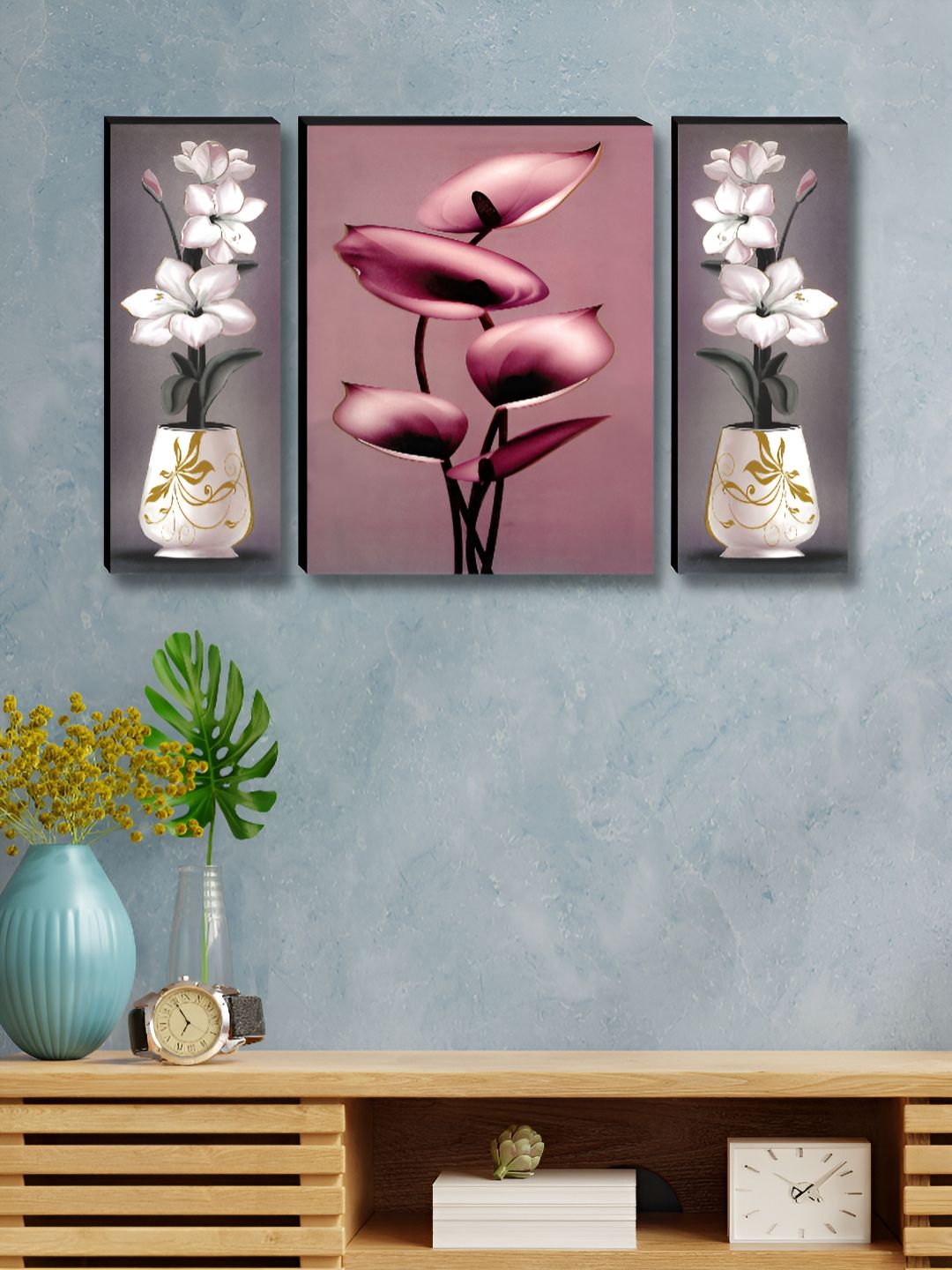 SAF Pink & White 3 Pieces Elegant Floral And Botanical Wall Arts