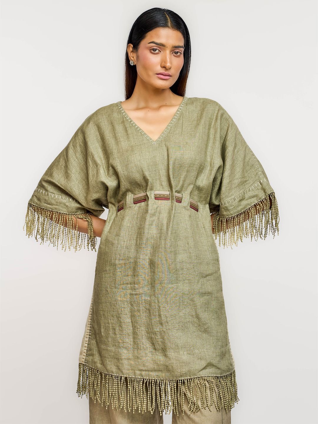 OTT Tarun Tahiliani Women Solid Fringed Linen Longline Top-picture-34