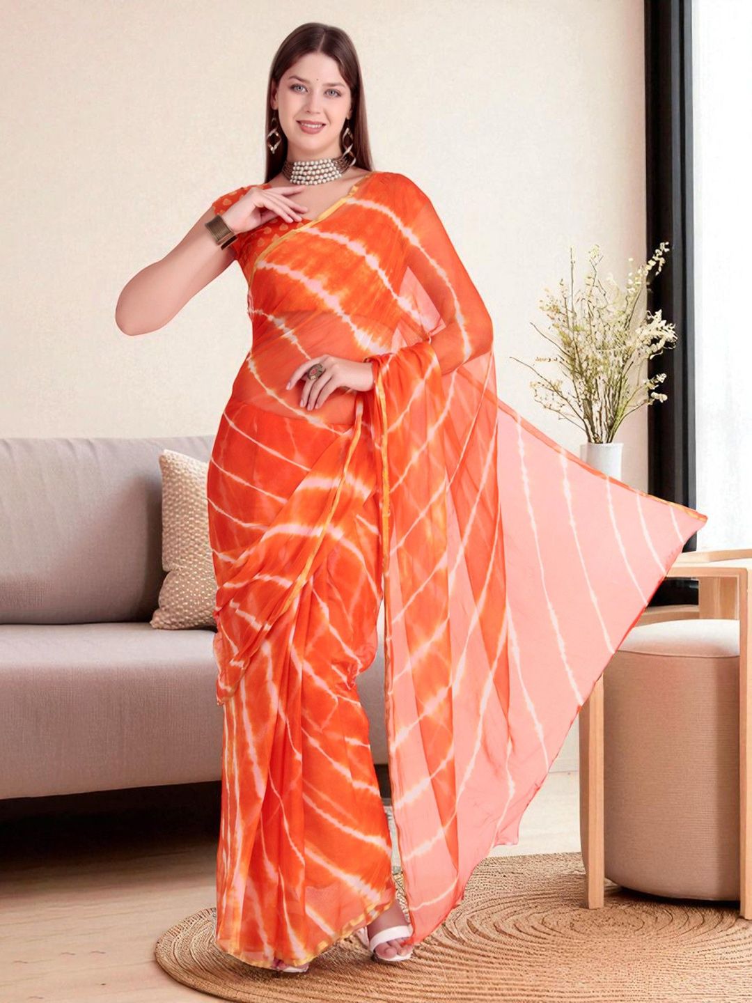 TRAQUILA Leheriya Printed Saree with Blouse Piece-picture-31