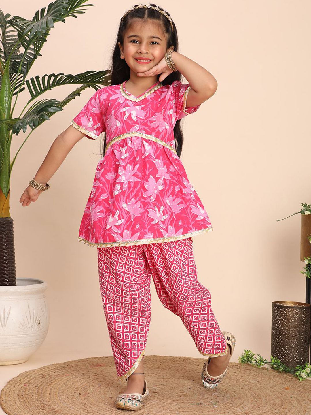 Cutiekins Girls Floral Printed V-Neck Regular Gotta Patti Kurta with Dhoti Pants-picture-28