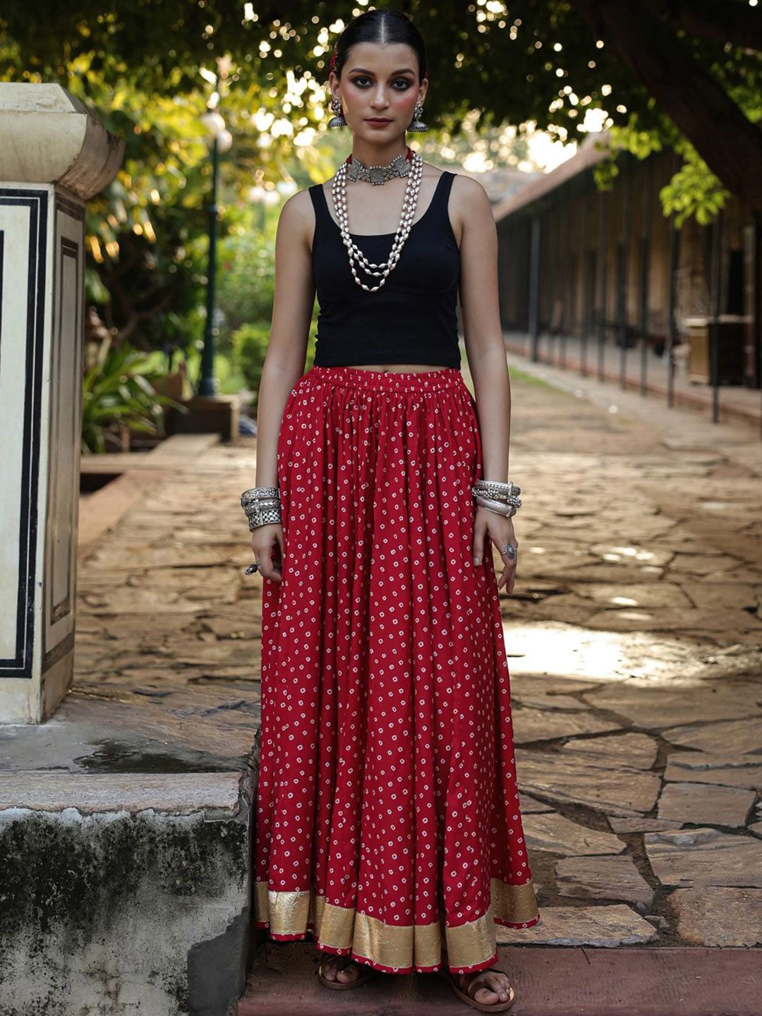anayna Bandhani Printed Cotton Flared Maxi Skirt-picture-15