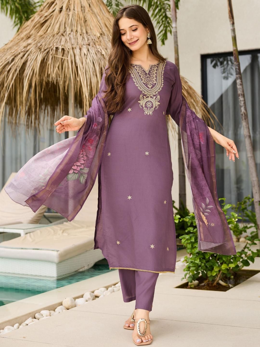 KALINI Women Embroidered Regular Kurta with Trousers & With Dupatta