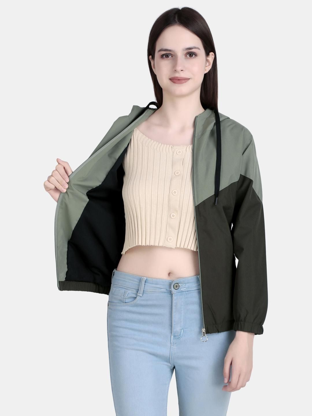 HERE&NOW Women Hooded Windcheater Open Front Zipper Jacket