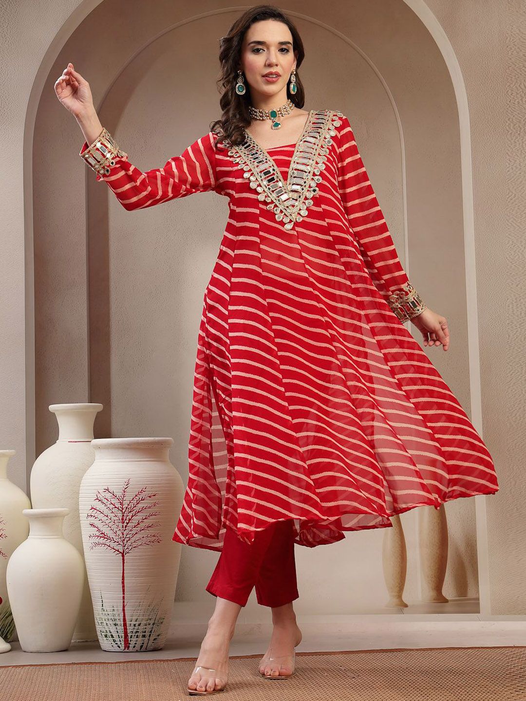 Stylum Women Leheriya Printed A-Line Kurta with Trousers