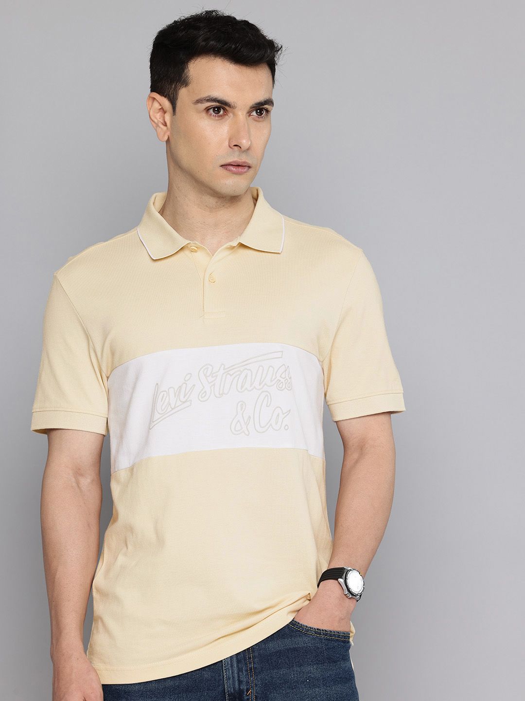 Levis Pure Cotton Brand Logo Puff Printed Colourblocked Polo Slim Fit T-shirt-image-34