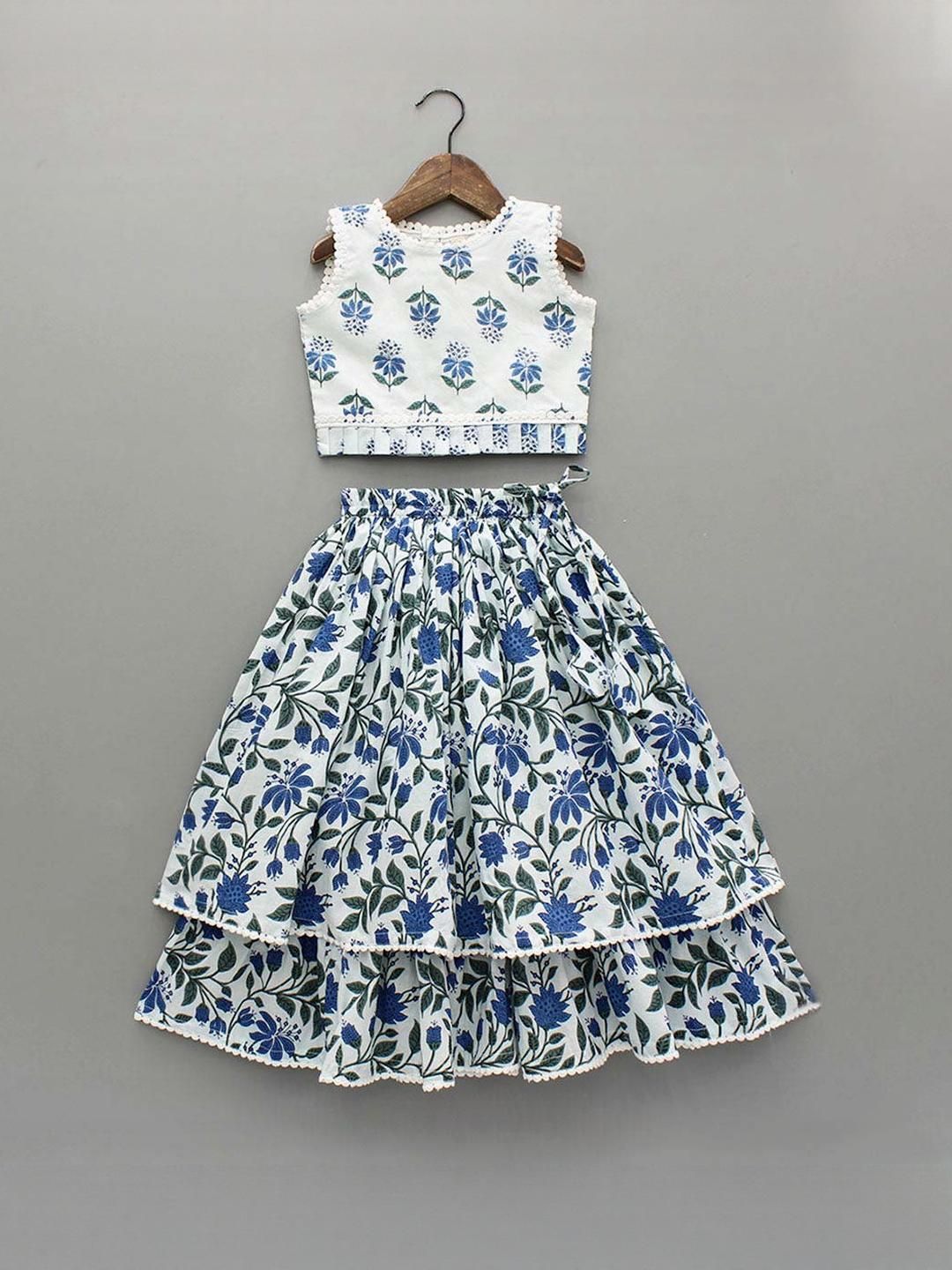 YK Girls Turquoise Blue Floral Printed Round Neck Pure Cotton Sleeveless Clothing Set-image-11