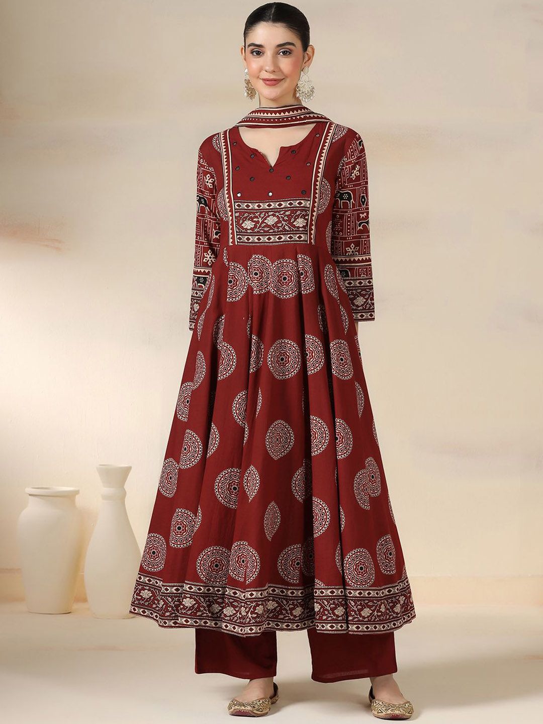 Mizaz Women Ethnic Motifs Printed Regular Mirror Work Kurta With Trousers & Dupatta-picture-21