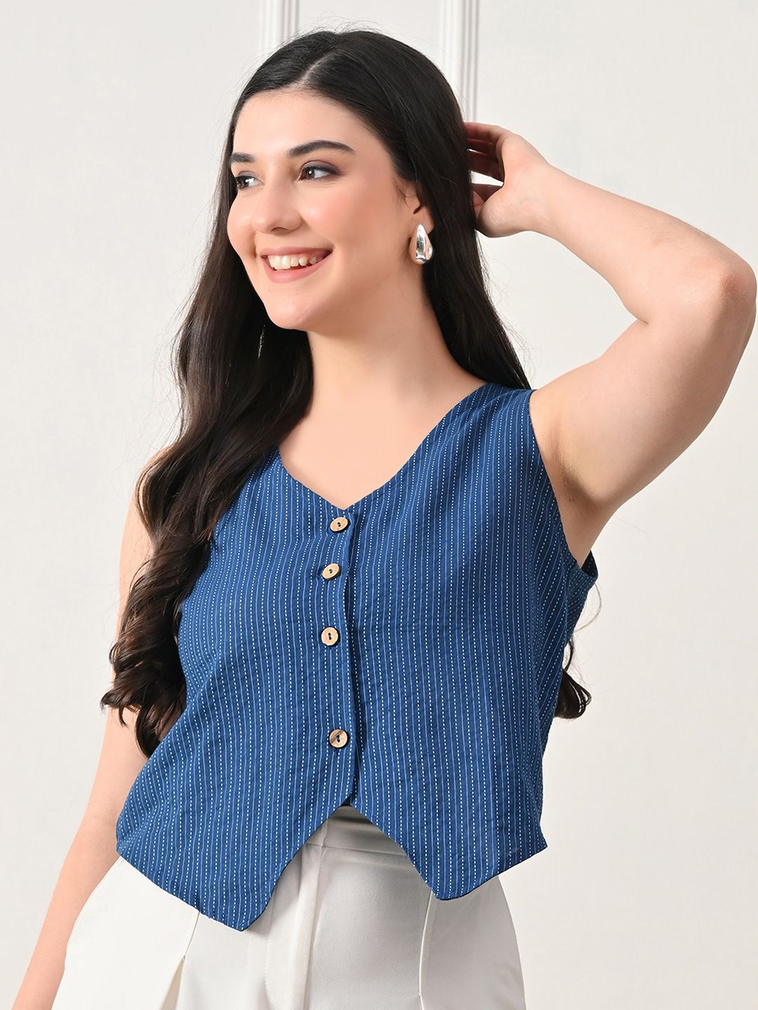 DECKEDUP Women Striped Cotton Waistcoat Top-picture-24