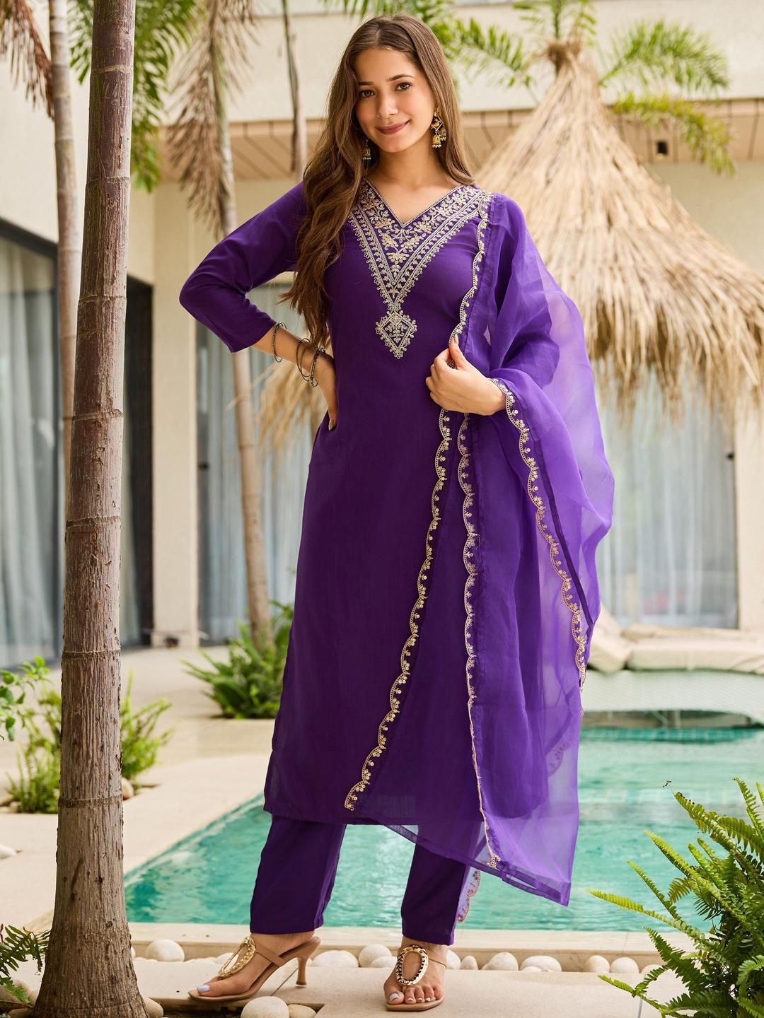 KALINI Women Rayon V-Neck Straight Embroidery Printed  Kurta Sets