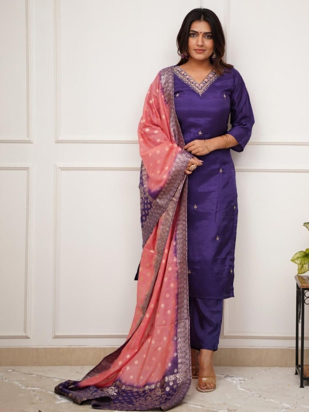 KALINI Women Embroidered Regular Chanderi Silk Kurta with Trousers & Dupatta