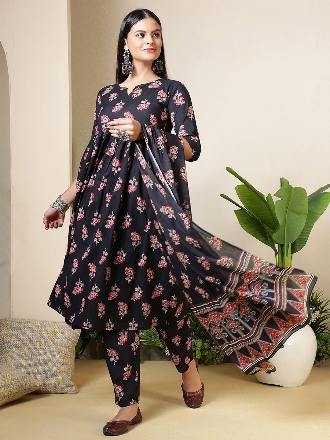 Nayo Women Floral Printed Cotton Anarkali Kurta with Trousers & Dupatta