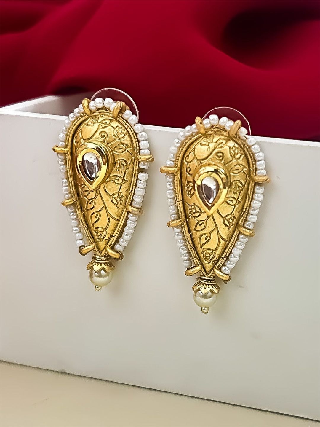 Zeviel Gold-Plated Artificial Stones Studded & Beaded Teardrop Shaped Studs-picture-25