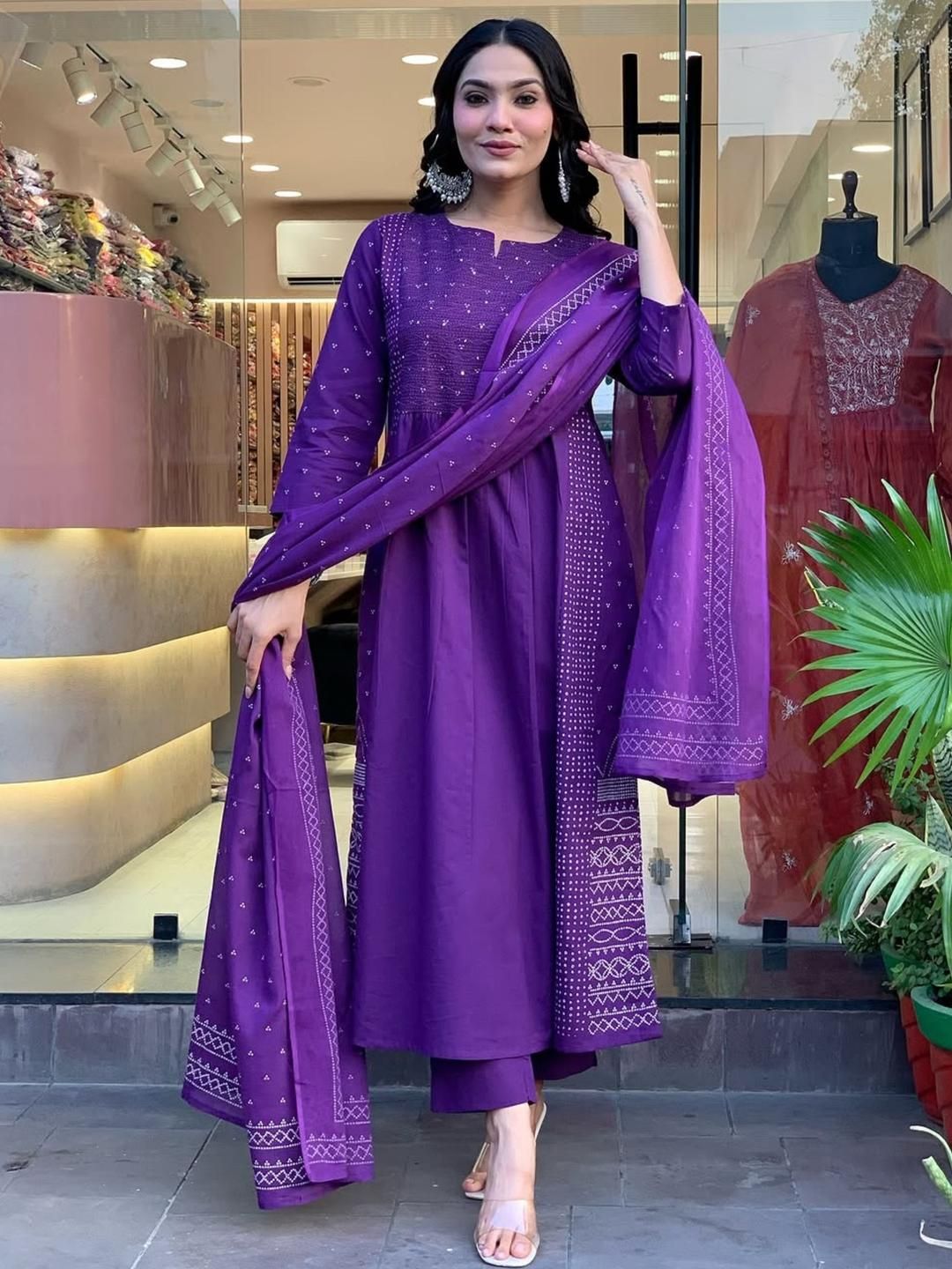KALINI Chanderi Round Neck Straight Printed Kurta Sets
