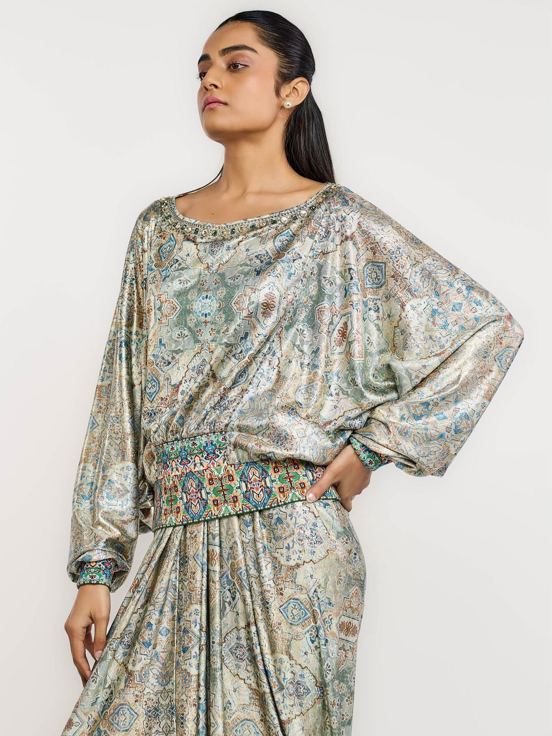 OTT Tarun Tahiliani Ethnic Motifs Printed Batwing Sleeves Crepe Top-picture-18
