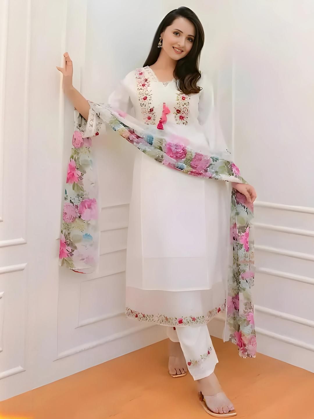 Moda Rapido Women White Floral Embroidered Angrakha Kurta With Trouser & Dupatta