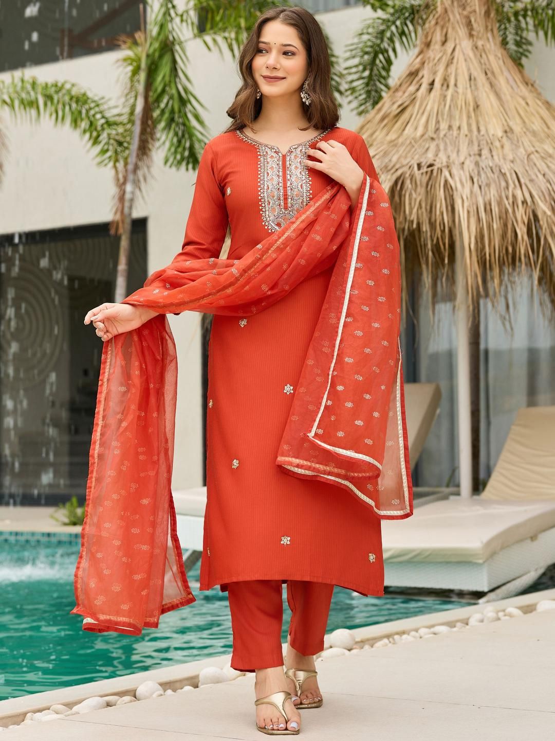 KALINI Women Rust Ethnic Motifs Embroidered Rayon Kurta With Trouser & Dupatta