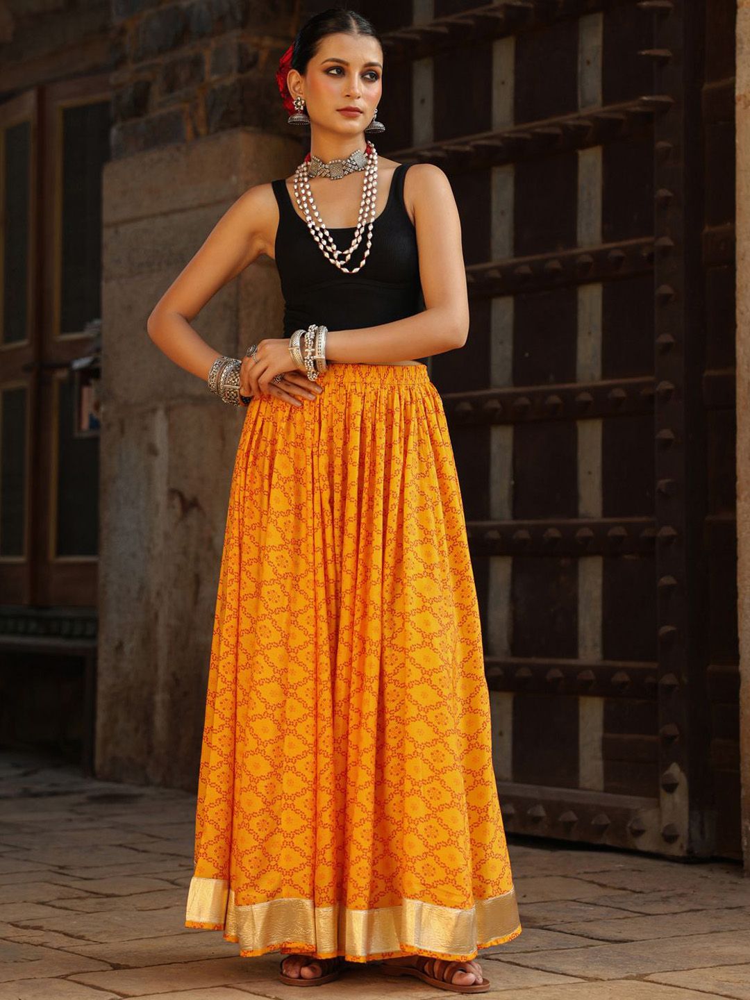 anayna Women Bandhani Printed Flared Maxi Skirt-picture-55