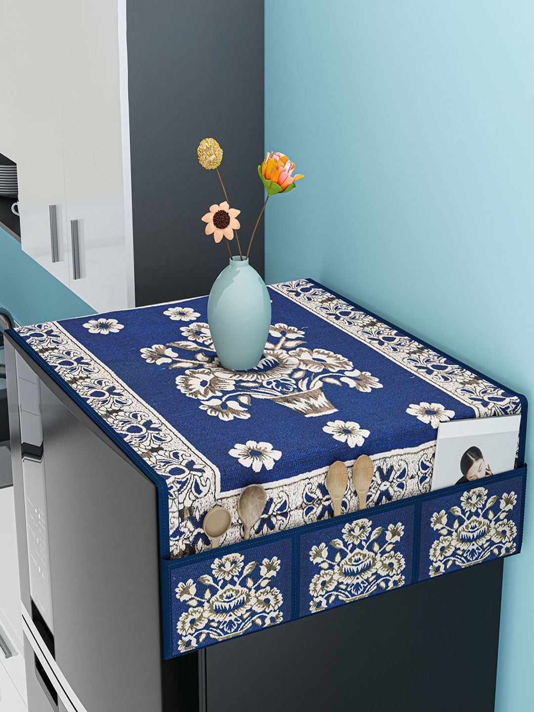 Kuber Industries Blue & Beige Printed 6 Utility Pockets Waterproof Refrigerator Cover-image-23