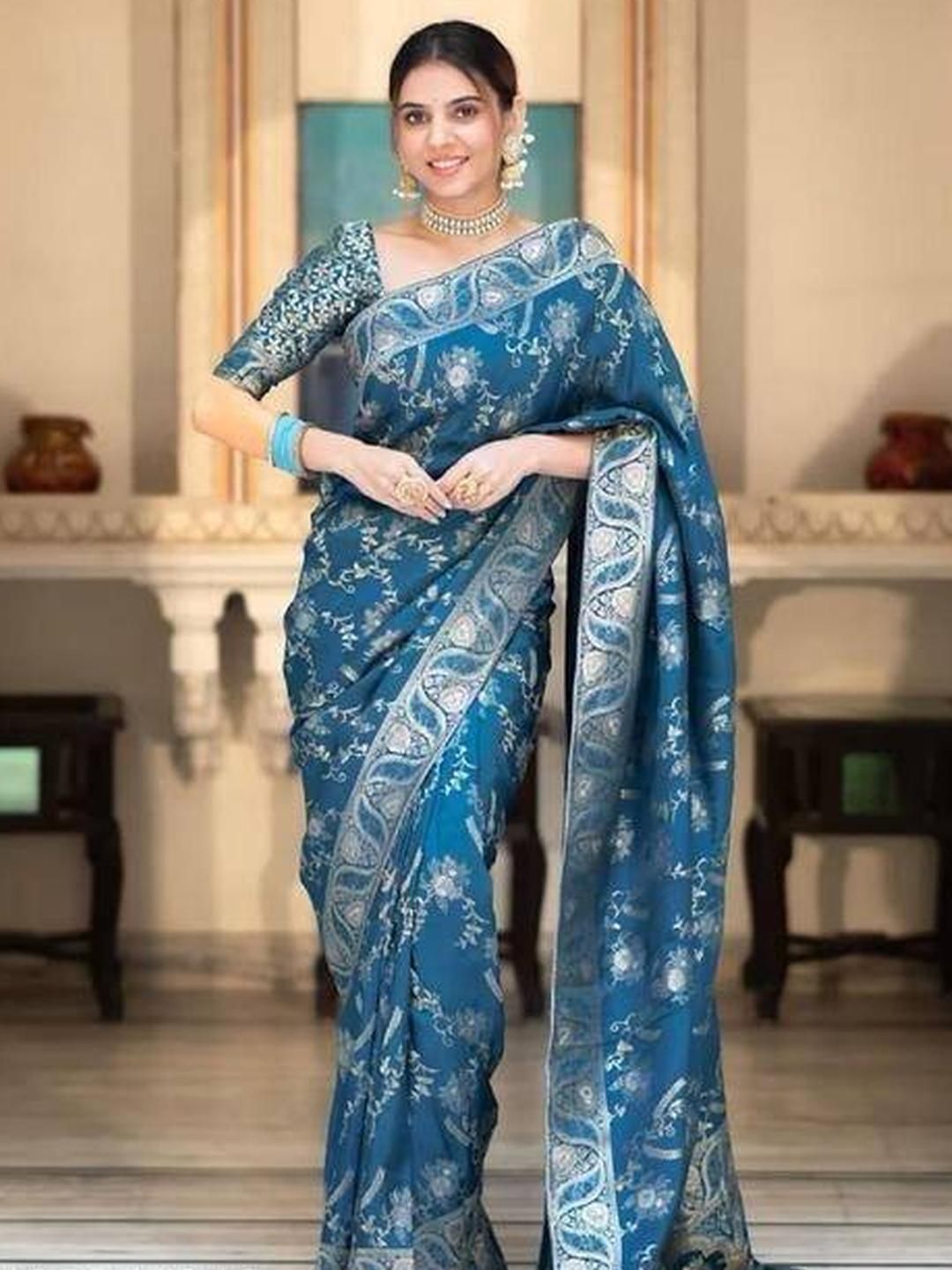 Sita Turquoise Blue Silk Blend Woven Design Sarees-picture-36