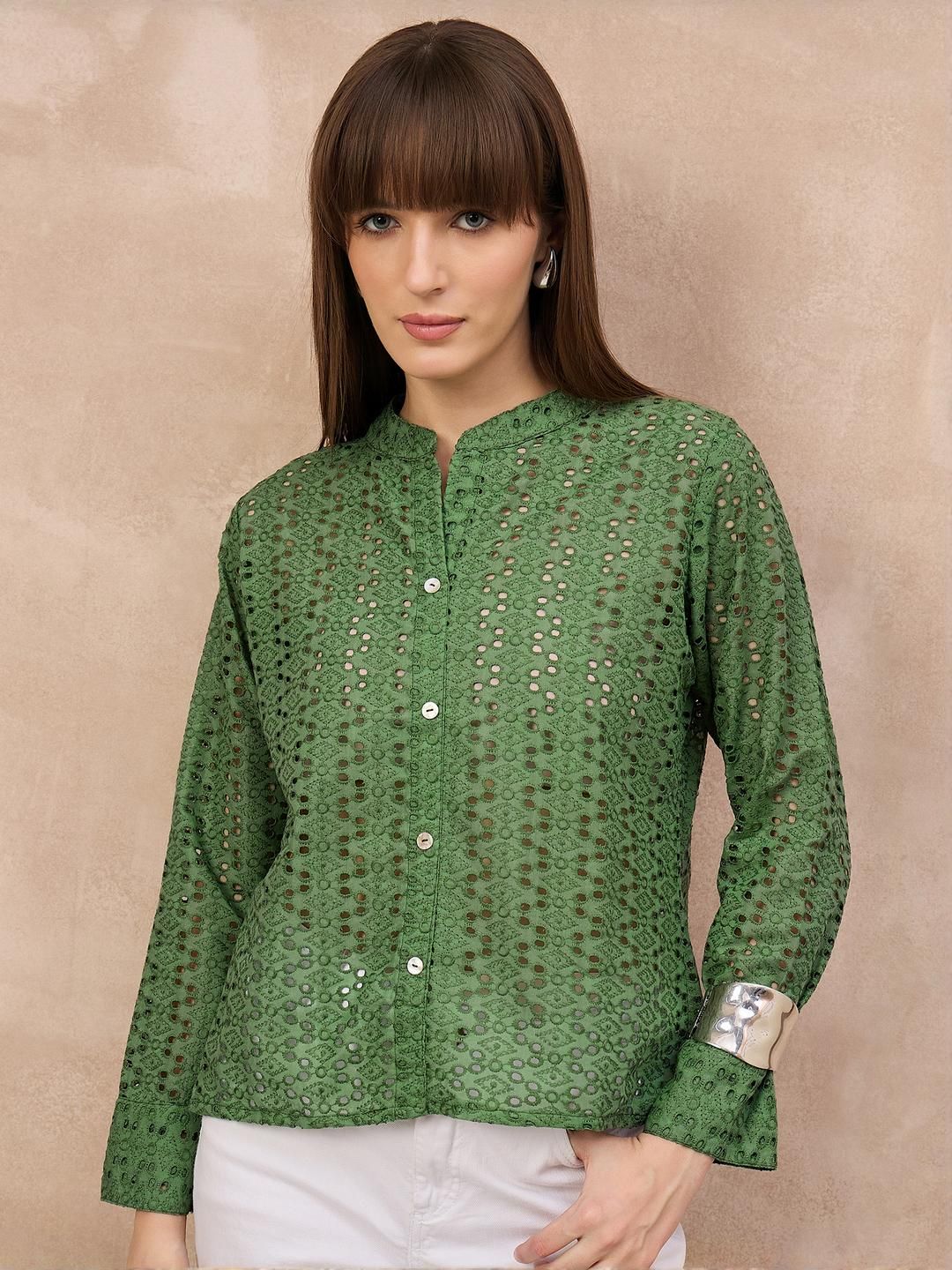 Moda Rapido Embroidered Mandarin Collar Schiffli Cotton Shirt Style Top-picture-35