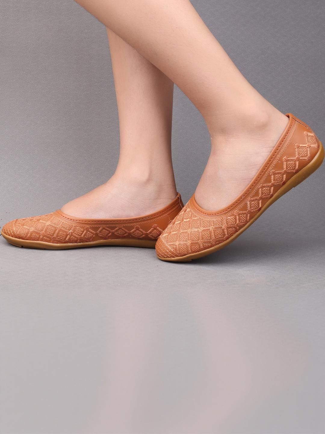 Shozie Women Camel Brown Texture Slip-On Mojaris-image-3