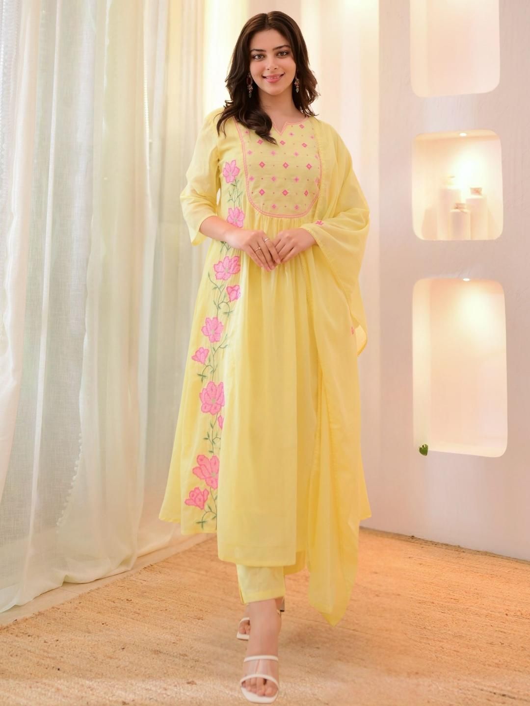 KALINI Women Embroidered A-Line Silk Kurta with Trousers And Dupatta