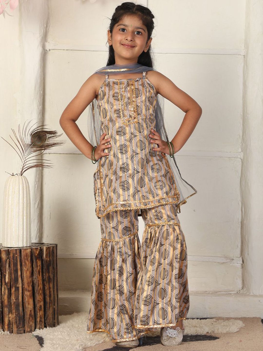 Cutiekins Girls Geometric Printed Sleeveless Gotta Patti Kurta with Sharara & Dupatta-picture-41