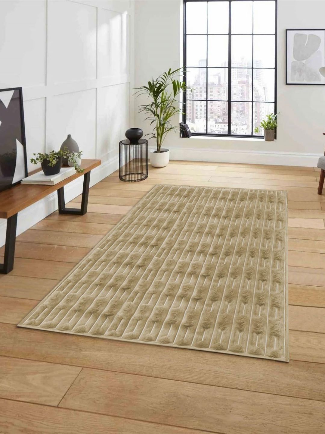 LUXEHOME INTERNATIONAL Beige Geometric Anti-Skid Shaggy Carpet-image-8