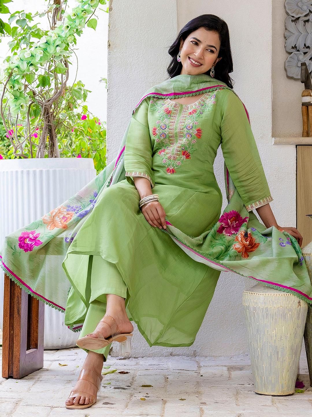 Sanisa Women Pista Green Silk Blend Embroidered A-Line Kurta Trousers With Dupatta