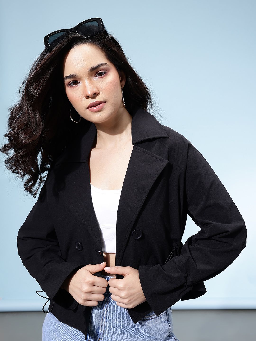 glitchez Waist Drawstring Double-Breasted Crop Coat