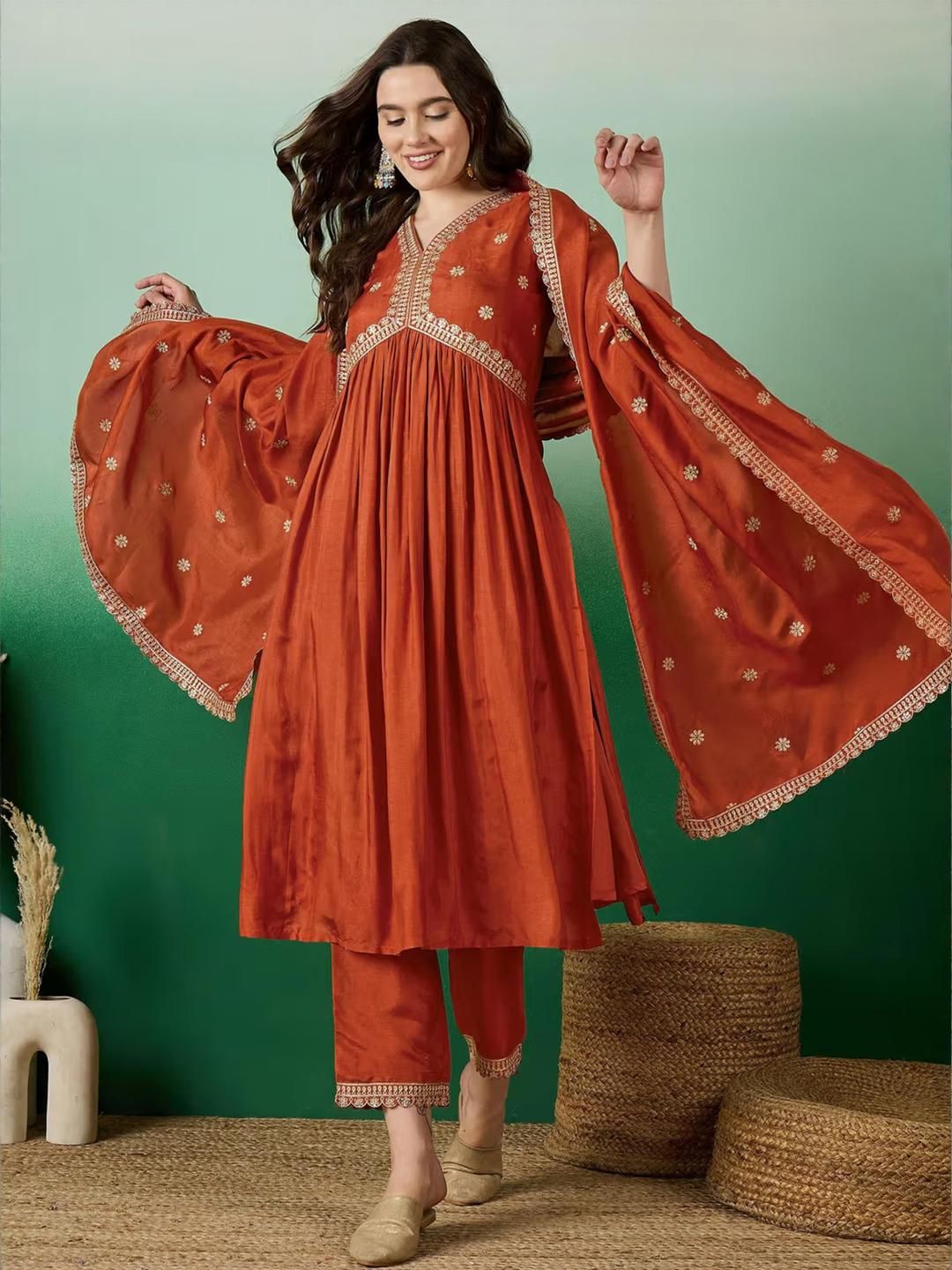 KALINI Women Orange Ethnic Motifs Embroidered Kurta With Trousers & Dupatta
