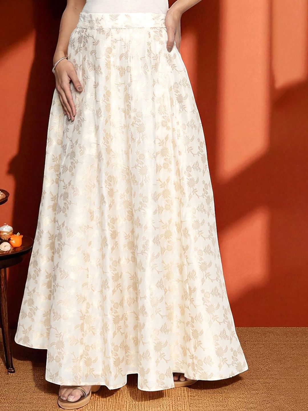 W Yarn Dyed Printed Jacquard BD Flared Maxi Skirt