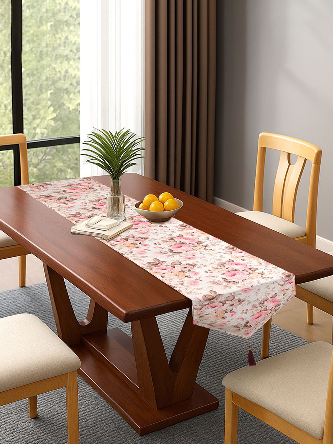 Kuber Industries Pink & Brown Printed Tasseled TableRunner-picture-34