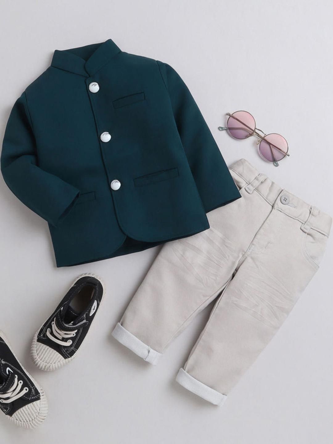 Hopscotch Boys Teal Cotton Blend Solid Clothing Set-picture-33