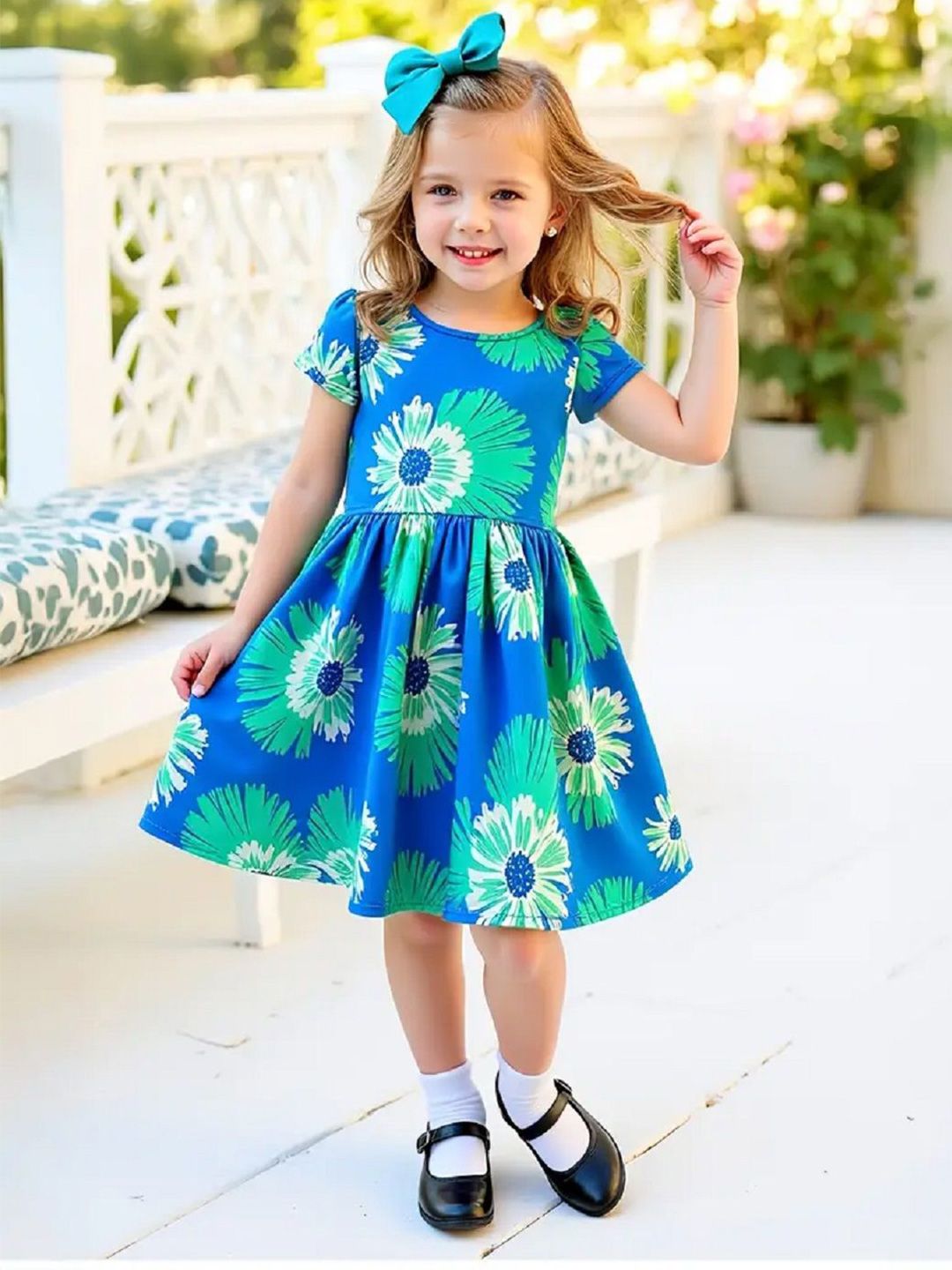 BAESD Girls Ethnic Motifs Printed Gathered or Pleated Round Neck Fit & Flare Dress-picture-28